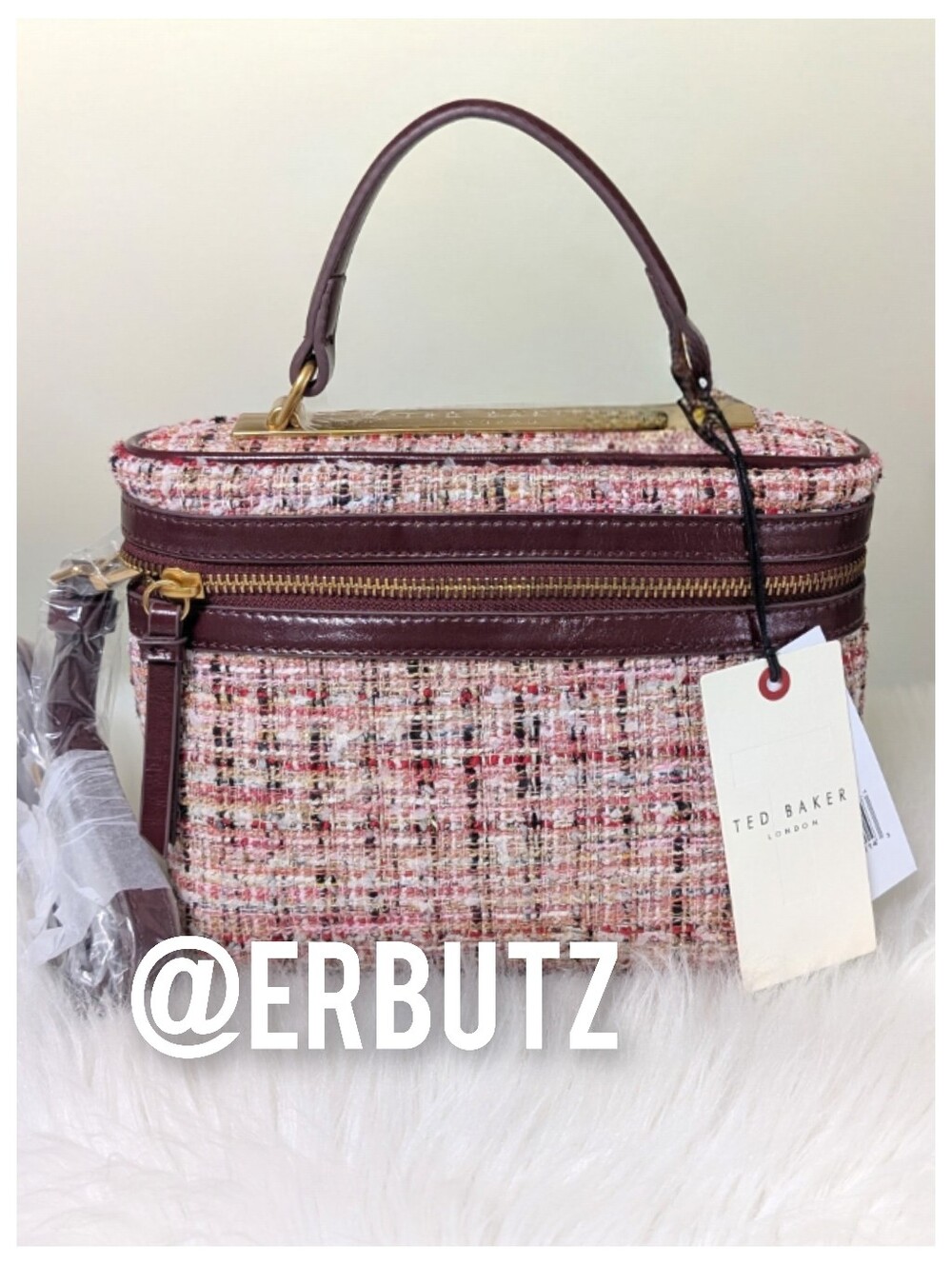 Ted Baker Tweed Satchel Bag with Logo Plate and Crossbody Strap, Burgundy ❤️